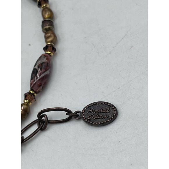 Michal Golan Agate Brown Gray Neutral Single Strand Pearl Crystal Brass necklace - Picture 8 of 16